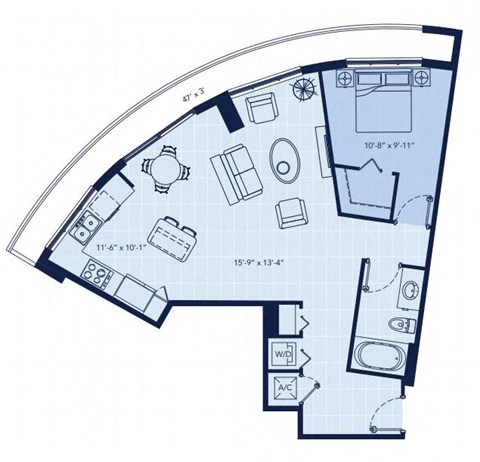 Floor plan for 1 bed, 1 bath, 810 sqft